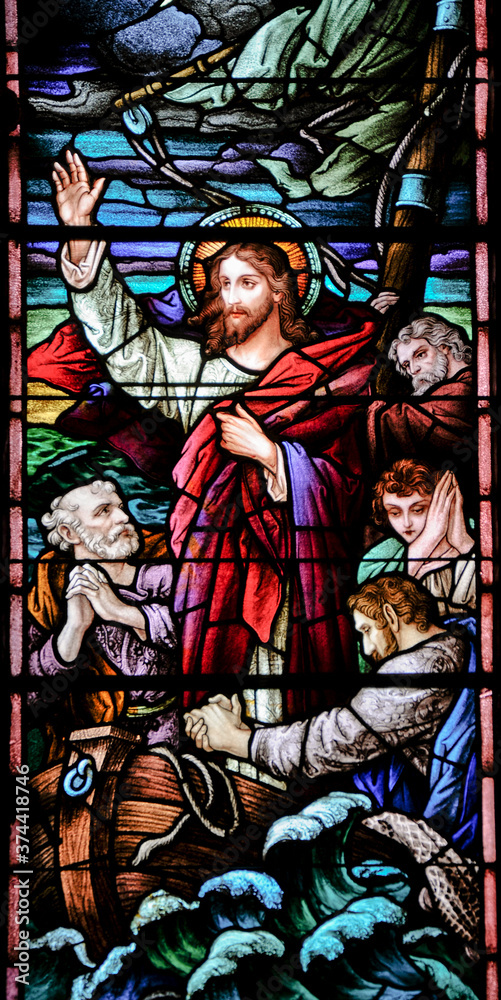 Jesus calms the waters, stain glass
