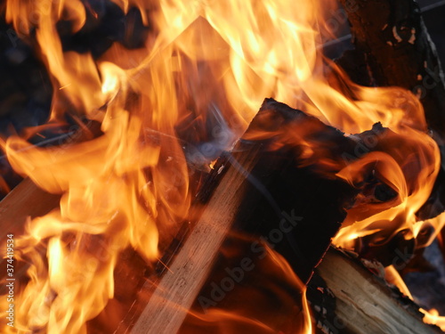 fire in the fireplace. close up of burning firewood