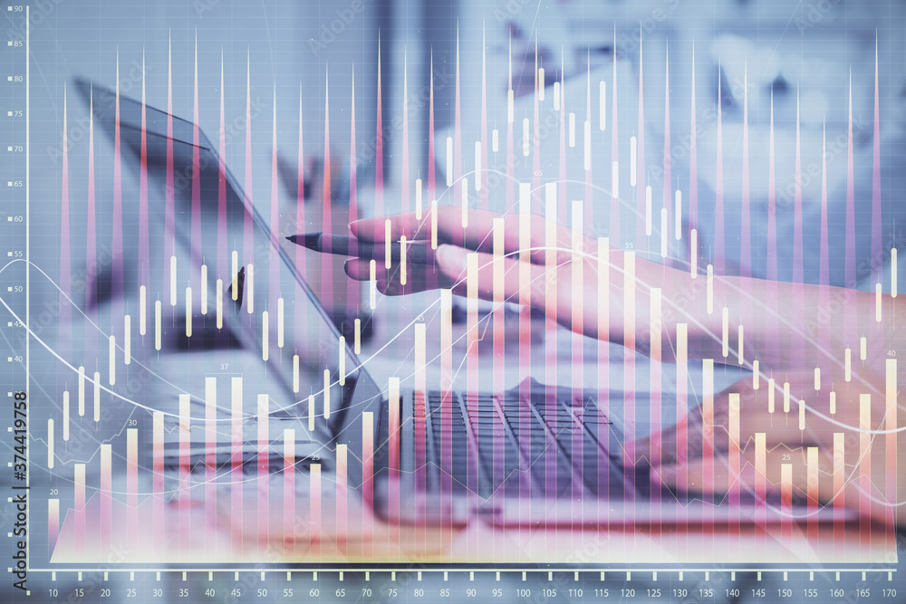 Multi exposure of woman hands typing on computer and financial graph hologram drawing. Stock market analysis concept. Multi exposure of woman hands typing on computer and financial graph hologram drawing. Stock market analysis concept.