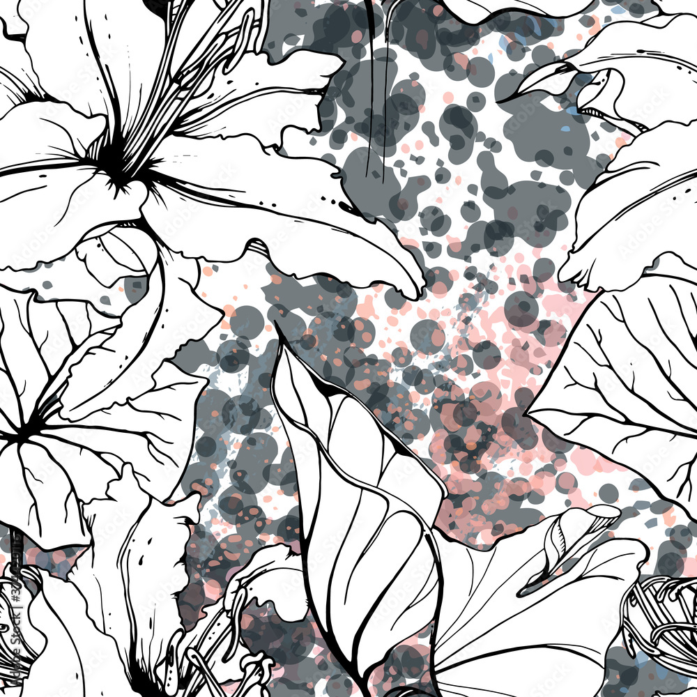 Fototapeta premium Floral Black White Pattern. Modern Watercolor