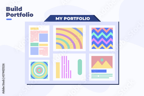 flat illustration build portfolio at online platform website. making portfolio management concept.
portfolio digital. CV portfolio. banner, websi.te, infographic, animation, motion graphics