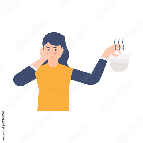 concept of housewife activity. illustration of a woman or mother pinching her nose to avoid the foul odor from dirty diapers. flat design. can be used for elements, landing pages, UI, websites.