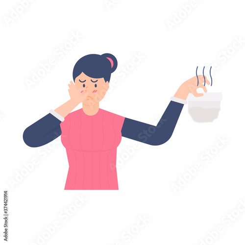 concept of housewife activity. illustration of a woman or mother pinching her nose to avoid the foul odor from dirty diapers. flat design. can be used for elements, landing pages, UI, websites.