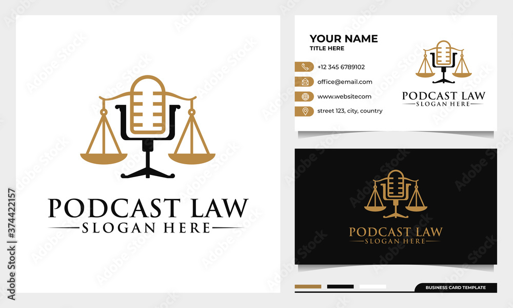 attorney and law, justice Podcast mic logo design with business card template attorney and law, justice Podcast mic logo design with business card template