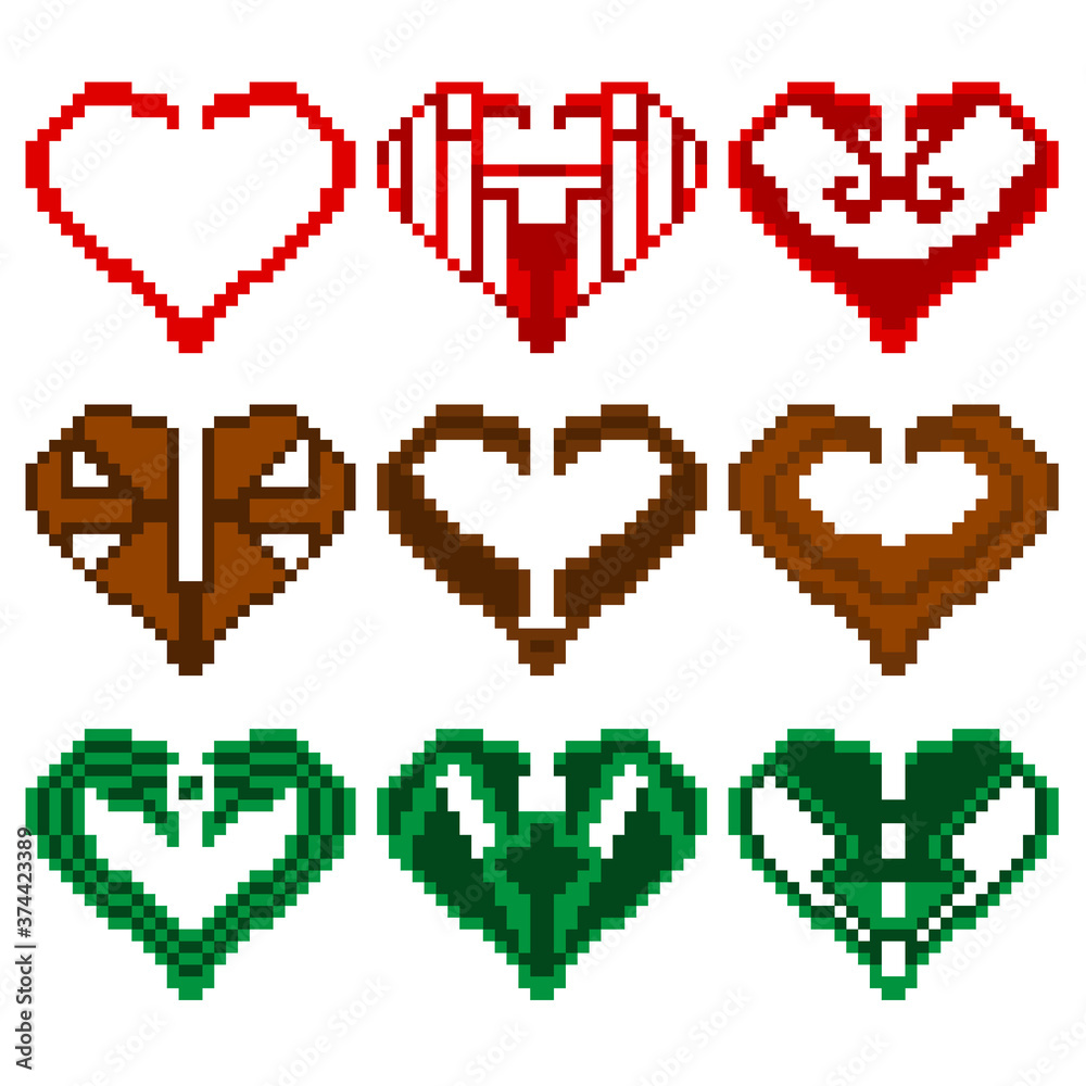 Set of nine pixel illustrations. Set of hearts of different colors and shapes.