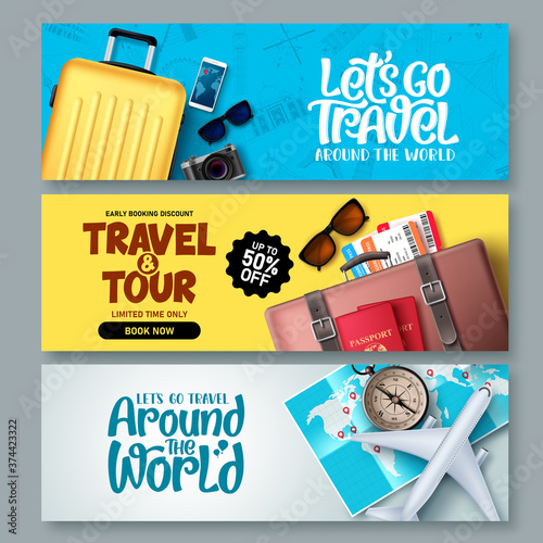 Travel banner set vector background template. Travel and tour banner collection with travel elements and tourist destinations and typography for promotions. Vector illustration.
