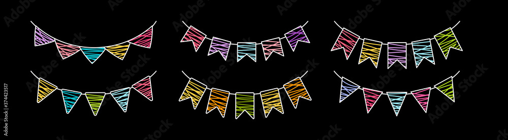 Flag garland bunting birthday party line chalk graphic set. Anniversary, celebration party hanging flags multicolored collection. Buntings pennants festival decoration. Isolated vector illustration - obrazy, fototapety, plakaty 