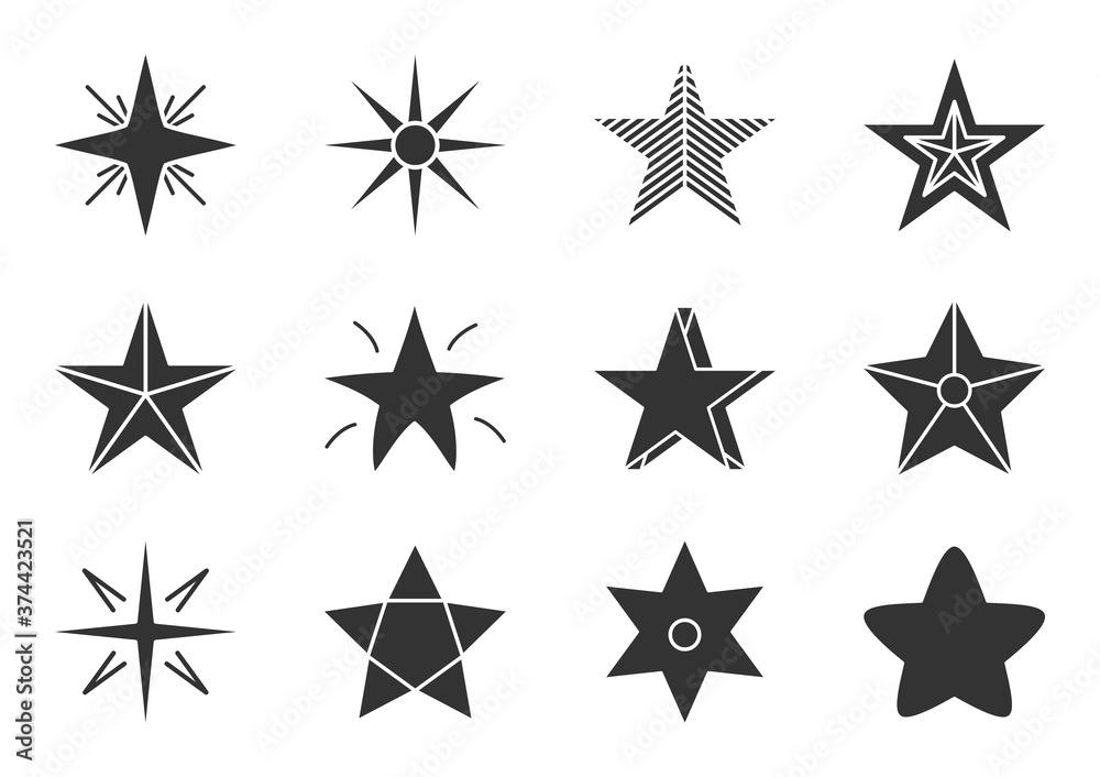 Set of star silhouette icon. Glyph starry sign for design logo. Abstract template different shape stars. Silhouette classic rank reward in game or web site premium rating Isolated vector illustration Set of star silhouette icon. Glyph starry sign for design logo. Abstract template different shape stars. Silhouette classic rank reward in game or web site premium rating Isolated vector illustration