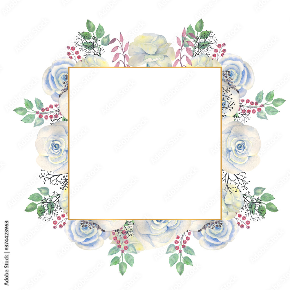 Blue rose flowers, green leaves, berries in a gold geometric frame. Wedding concept with flowers. Watercolor compositions for the decoration of greeting cards or invitations Blue rose flowers, green leaves, berries in a gold geometric frame. Wedding concept with flowers. Watercolor compositions for the decoration of greeting cards or invitations