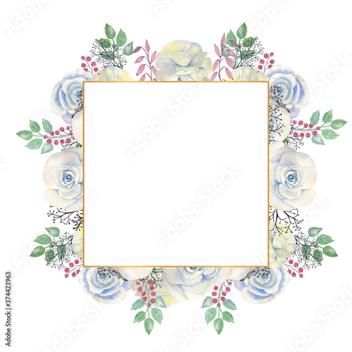 Blue rose flowers, green leaves, berries in a gold geometric frame. Wedding concept with flowers. Watercolor compositions for the decoration of greeting cards or invitations