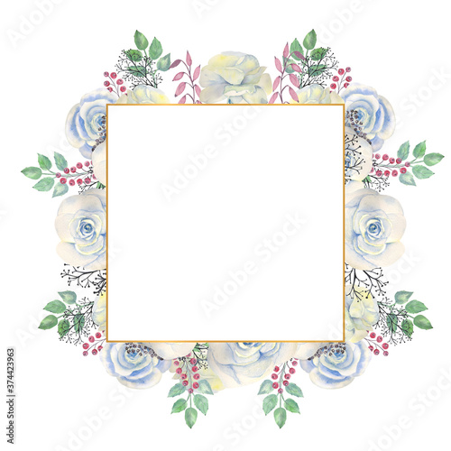 Wallpaper Mural Blue rose flowers, green leaves, berries in a gold geometric frame. Wedding concept with flowers. Watercolor compositions for the decoration of greeting cards or invitations Torontodigital.ca