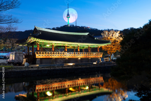 Photography Namsangol Hanok Village in Autumn with full moon Seoul South Korea