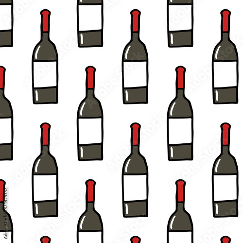 bottle of wine seamless doodle pattern, vector color illustration