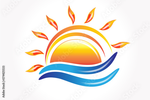 Logo sun waves summer beach tropical paradise weather icon vector image graphic illustration design logotype identity business card image template