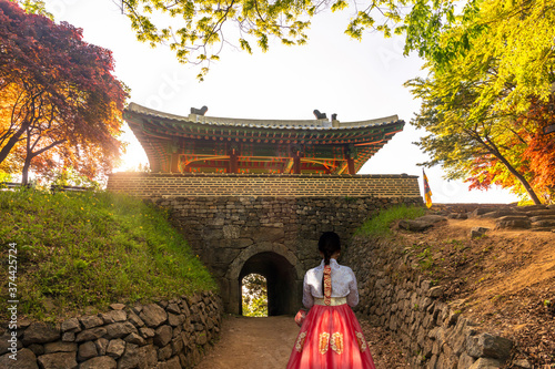 Mountain, Namhansanseong World Heritage Centre Seomun Gate, West Fortress Gate in Gyeonggi-do, South Korea photo