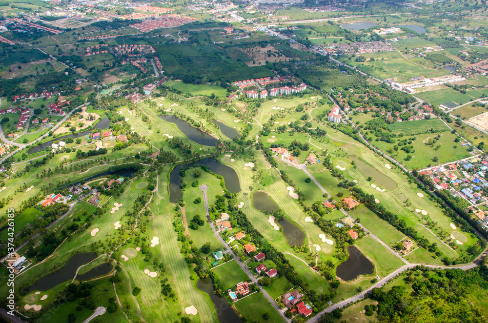Golf course top view from plane