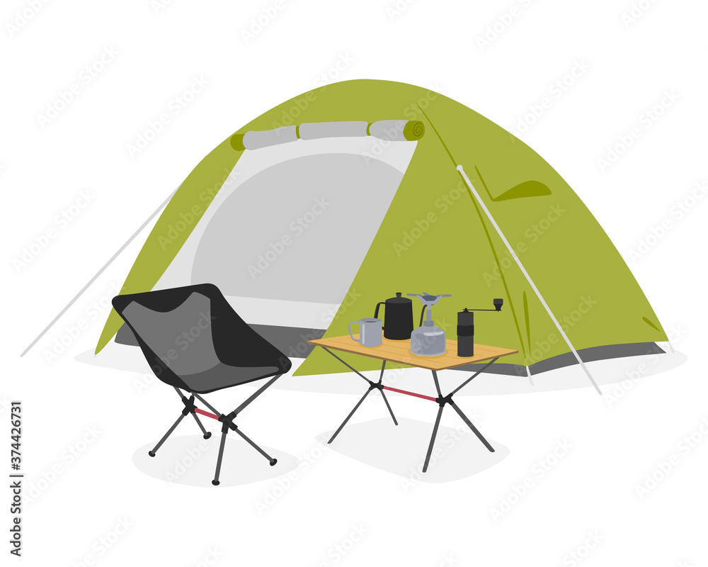 ソロキャンプの為のテントやキャンプ用品のイラスト Stock Vector Adobe Stock