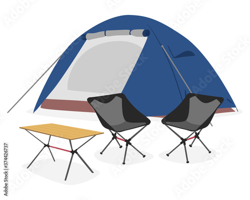 キャンプ場で使うテントとイスとテーブルのイラスト。