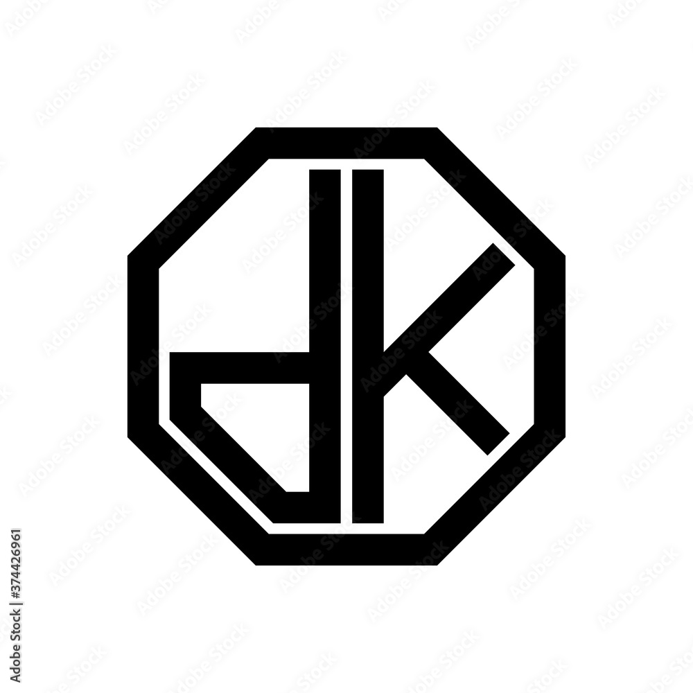 DK initial monogram logo, octagon shape, black color