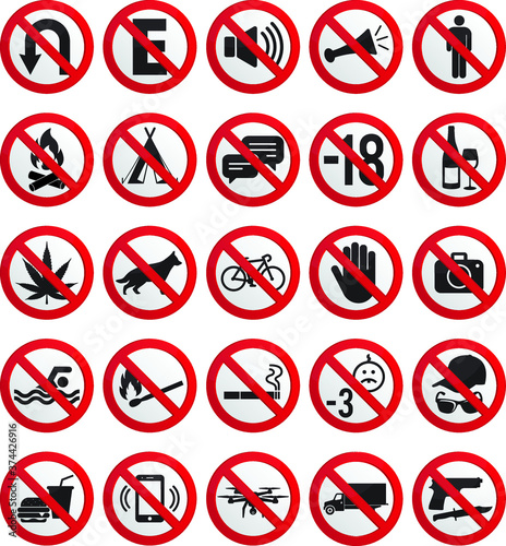 Collection of 25 prohibited signs, for signs of industries, businesses, exteriors and other spaces. Editable vectors.