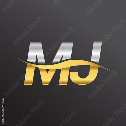 initial letter logo MJ company name gold and silver color swoosh design. vector logotype for business and company identity.