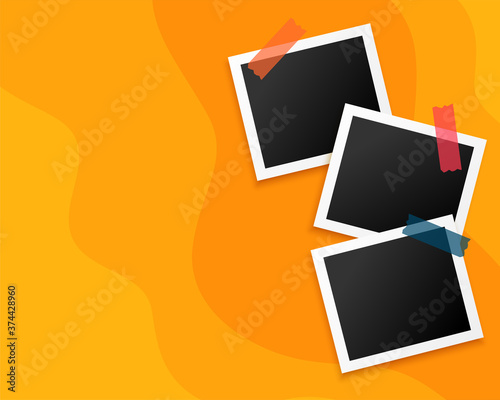 three photo frames on yellow background design