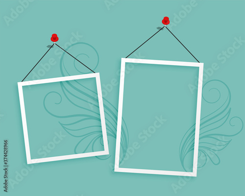 two hanging photo frames blank background design