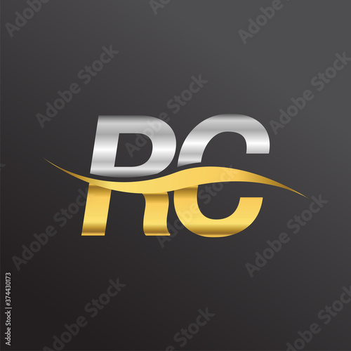 initial letter logo RC company name gold and silver color swoosh design. vector logotype for business and company identity.