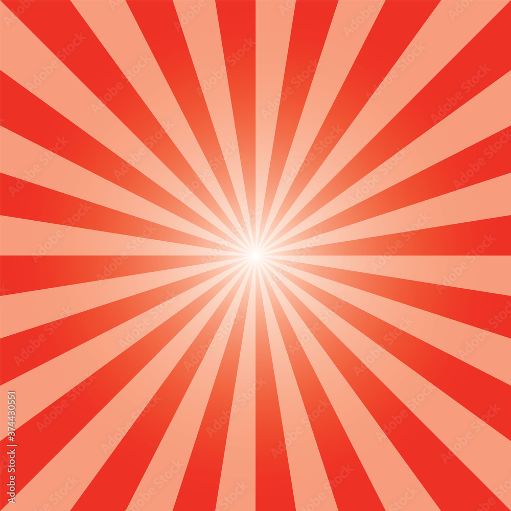 Fototapeta premium Sunburst background template. Bright orange-red rectangular recto backdrop design. Sunbeam background design for various purposes. 