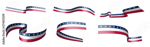 Set of holiday ribbons. American flag waving in wind. Separation into lower and upper layers. Design element. Vector on white background