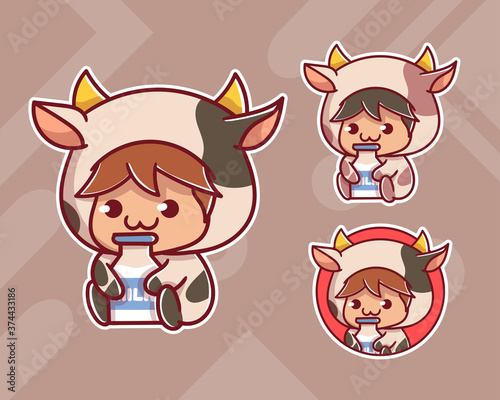 set of cute boy wear custom cow with milk mascot logo with optional appearance. premium kawaii vector
