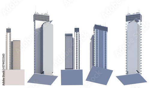 5 low view renders of fictional design futuristic houses living towers with sky reflections - isolated on white  3d illustration of architecture