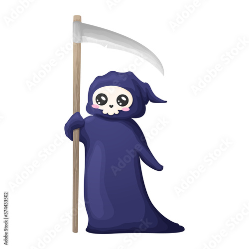 Cute cartoon grim reaper with scythe isolated on white background. Vector illustration. Kawaii Halloween skeleton character icon.