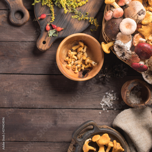 Autumn harvest of mushrooms on vintage rustic wooden background. Rustic kitchen table. Flat lay top, top view . Layout with free text space. Forest harvest concept. Square.