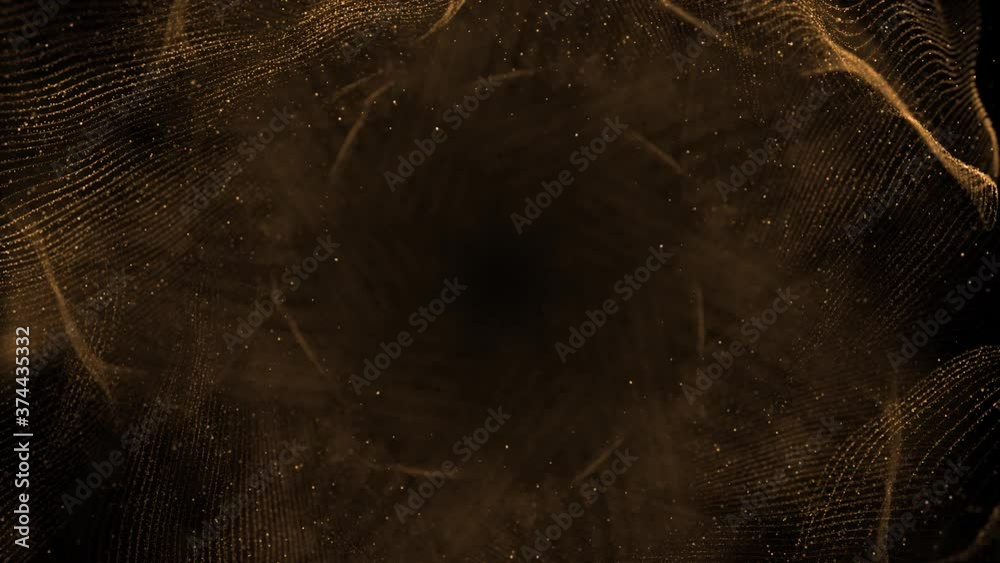 golden waves motion abstract of particles gold dust with stars on black background. wave background gold movement, seamless loop in 4k resolution.