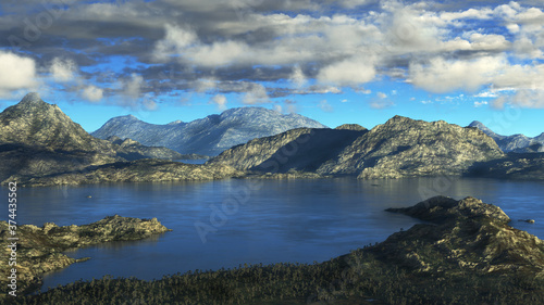 3D illustration of an alien landscape with a lake and some mountains under a cloudy sky. 3D rendered.