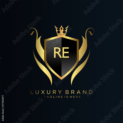 RE Letter Initial with Royal Template.elegant with crown logo vector, Creative Lettering Logo Vector Illustration.