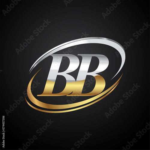 initial letter BB logotype company name colored gold and silver swoosh design. isolated on black background.
