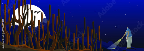 Charming haunted environment created by full moon, bats, dry trees, shadowy hills, dark night and a single flat shaded character with torch. Scenery vector illustration. Easily customizable.