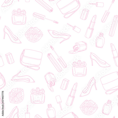 Beauty seamless pattern on a white background. Women shoes, handbag, nail polish, lipstick, mascara, perfume, kiss. Hand drawing pink outline design elements. Vector illustration.