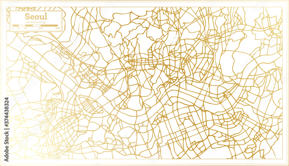 Obraz premium Seoul South Korea City Map in Retro Style in Golden Color. Outline Map.