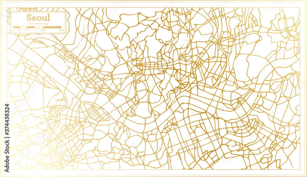 Seoul South Korea City Map in Retro Style in Golden Color. Outline Map.
