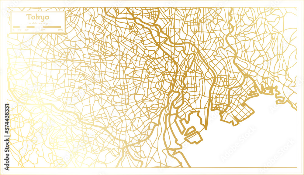 Tokyo Japan City Map in Retro Style in Golden Color. Outline Map.