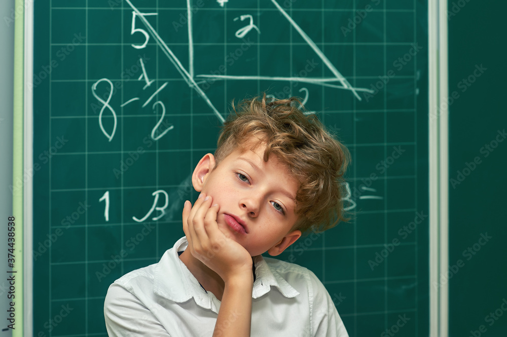 Portrait of a thoughtful boy student at the blackboard . Primary education Portrait of a thoughtful boy student at the blackboard . Primary education
