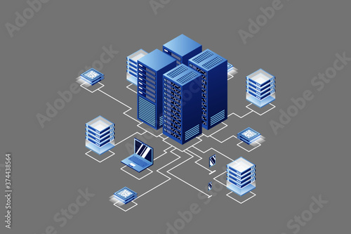 Concept of data network management .Vector isometric map with business networking servers  computers and devices.Cloud storage data and synchronization of devices.3d isometric style