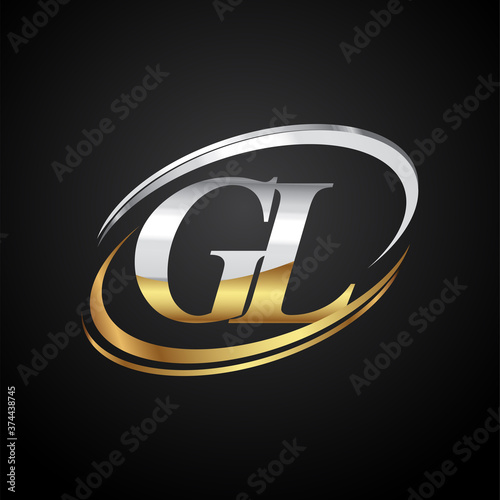 initial letter GL logotype company name colored gold and silver swoosh design. isolated on black background.
