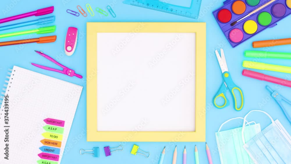 School stationery moving around yellow frame for text. Back to school stop motion School stationery moving around yellow frame for text. Back to school stop motion