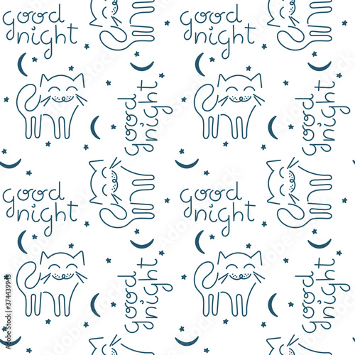 Seamless pattern. Cute hand drawn kitten with closed eyes and the inscription Good night