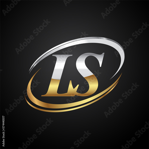 initial letter LS logotype company name colored gold and silver swoosh design. isolated on black background.