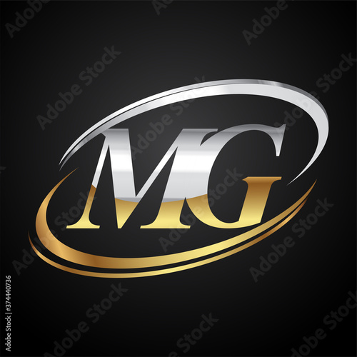 initial letter MG logotype company name colored gold and silver swoosh design. isolated on black background.